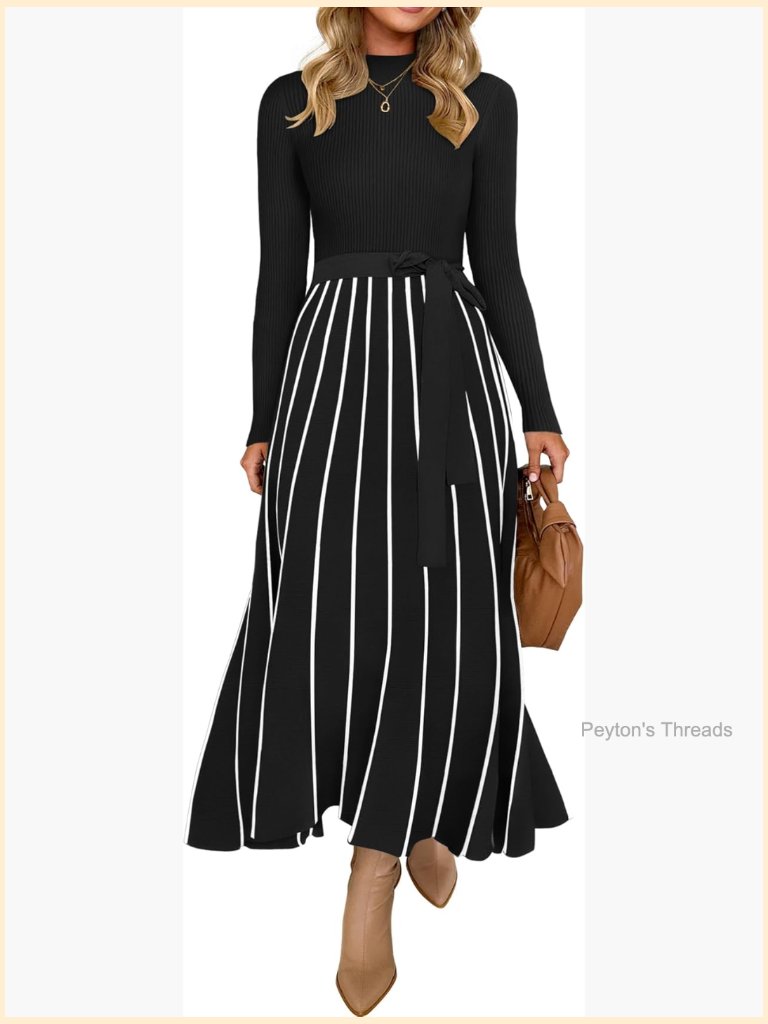 Long Sleeve Turtleneck Sweater Dress Tie Waist Loose Ribbed Knit A Line Midi